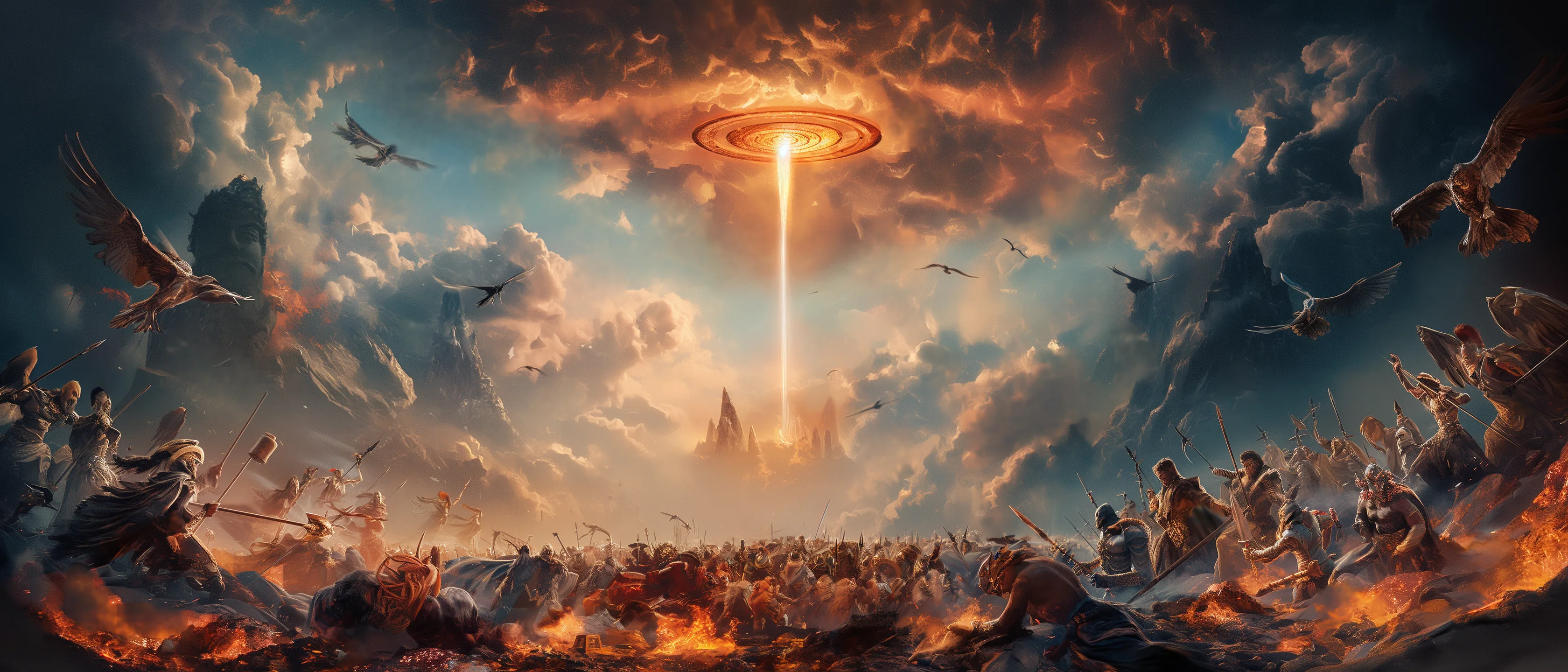 The gods of many mythologies clash across a single battlefield beneath a golden rift torn open in the storm-sky